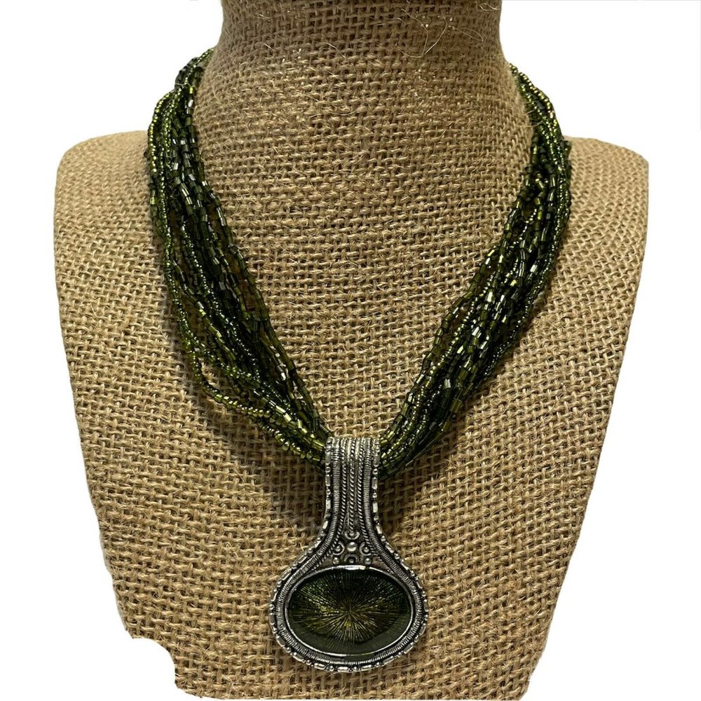 Green Micro Glass Bead Antiqued Silver necklace
